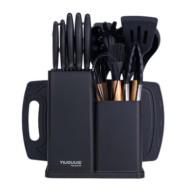 17pcs kitchen utensil & kitchen knife set with storage block and knife slots with chopping board for compact kitchen solutions.