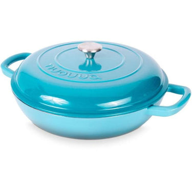 Light blue shallow cast iron casserole pot with lid for healthy cooking.