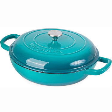 Nuovva light blue cast iron cookware with lid.