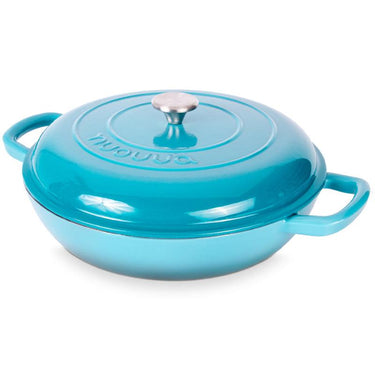 Shallow cast iron casserole pot with lid. Light blue Dutch oven for induction hob - oven safe cookware