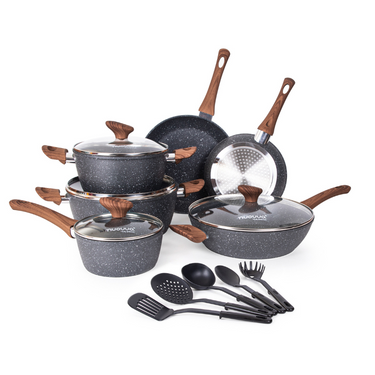 15pcs granite cookware set with glass lid and wooden handle. Kitchen utensil