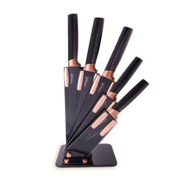 Copper kitchen knife set with acrylic block includes utility knife, slicing knife, chef's knife, bread knife and paring knife.