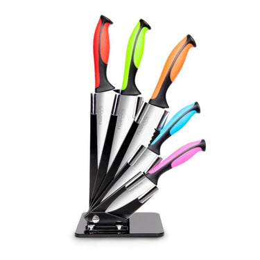 Colour coded kitchen knife set with block. Knife set includes utility knife, slicing knife, chef's knife, bread knife and paring knife.