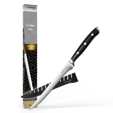 Nuovva 6 inch boning knife with sheath in easy to open packaging