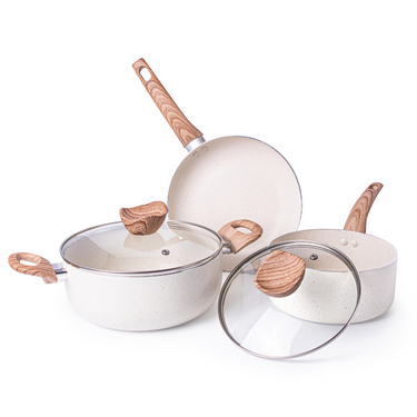 5pcs cream cookware set includes frying pan, stockpot with lid and saucepan with lid.