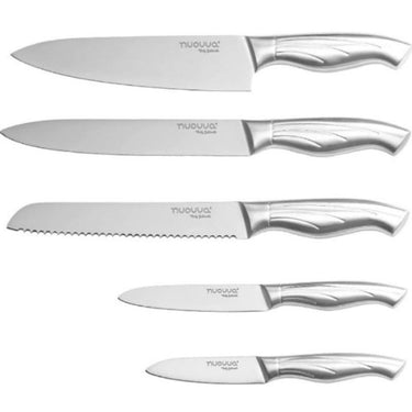 Nuovva stainless Steel 5 piece knife set including a chefs knife, slicing knife, bread knife, utility knife and paring knife