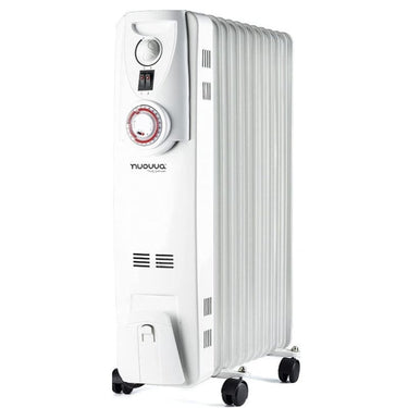 White portable radiator with timer and wheels.