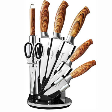 Wooden kitchen knife set with rotating block