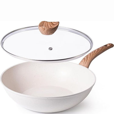 Nuovva cream wok pan with lid. Non-stick cookware.