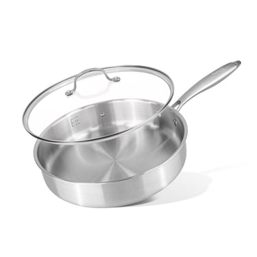 Stainless steel sauté pan with glass lid.