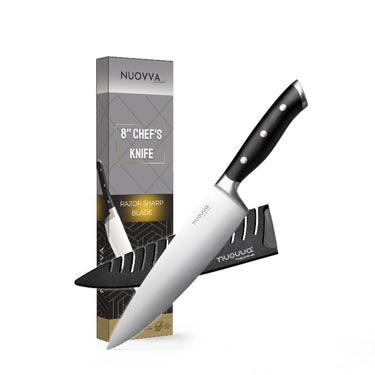 Nuovva chefs knife - 8 inch stainless steel knife in nuovva packaging. Kitchen knife with shield.