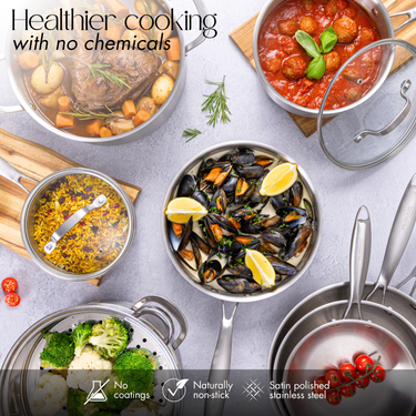 Healthier cooking with nuovva stainless steel cookware with no chemicals and no coating. 