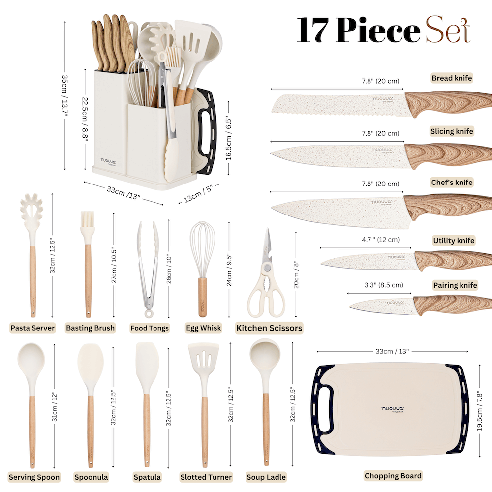 Utensils Sample 17-Piece Kitchen Utensil and Knife Set with Block and Chopping Board ...