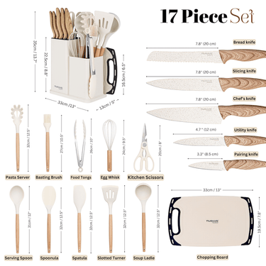 17pcs cream set includes bread knife, slicing knife, chefs knife, utility knife, paring knife, chopping board, spatula, egg whisk kitchen scissors, storage block and more. 