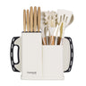 Cream set of silicone kitchen utensils & knives with wooden handles and chopping board in storage block