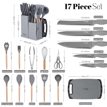 Nueva 17pcs grey kitchen utensil set includes bread knife, slicing knife, chefs knife, utility knife, paring knife, chopping block and silicon utensils. 