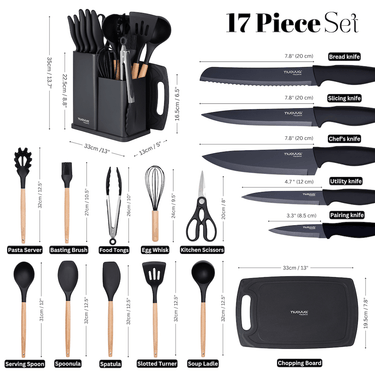 17pcs kitchen utensil set includes bread knife, slicing knife, chefs knife, utility knife, paring knife, chopping board, pasta server, basting brush, food tongs, spatula and more. 