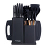 17pcs kitchen utensil & kitchen knife set with storage block and knife slots with chopping board for compact kitchen solutions. 