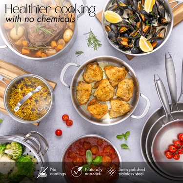 Healthier cooking with stainless steel cookware and glass lids. 