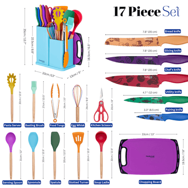 Nuovva 17pcs colorful kitchen set includes bread knife, slicing knife, chefs knife, utility knife, paring knife, chopping board, spatula, egg whisk, soup ladle and more