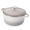Grey cast iron Dutch oven with lid. 