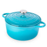 Light blue Dutch oven with lid. 