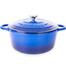 Dark blue cast iron Dutch oven with lid. 