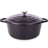 Black induction cookware with lid. Cast iron Dutch oven. 