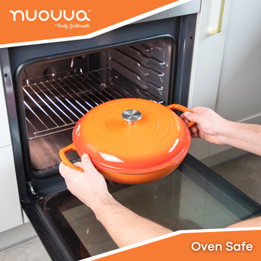 Orange oven safe cookware. Cast iron casserole dish. 