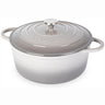 Grey cast iron casserole dish with lid