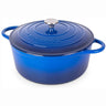 Dark blue cast iron casserole dish with lid