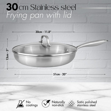 30cm stainless steel; frying pan with glass lid, no coating, naturally non-stick frying pan