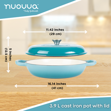 3.9L cast iron pot with lid. Shallow casserole dish for healthy cooking and great gifting. 