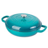 Teal cookware. Cast iron casserole dish with lid for stove to oven cooking. 