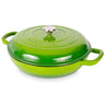 Shallow cast iron casserole pot with lid and heat base. Dutch oven for all stovetypes. 