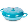 Shallow cast iron casserole pot with lid. Light blue Dutch oven for induction hob - oven safe cookware