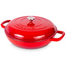 Red shallow cast iron casserole dish with lid for stove to oven cooking. 