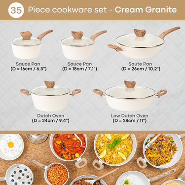  35-piece cream ceramic cookware set includes, 26cm sauté pan, 28cm shallow casserole pot with lid, 24cm deep casserole pot with lid  and 2x saucepans with lids- 16cm & 18cm 