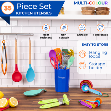 Multicolor 35pcs kitchen utensil set with handgun loops and storage holder for easy to store, food grade, non-scratch durable utensils. 