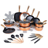 35 pcs copper cookware set with pots, pans, saucepans, knives and kitchen utensils. 