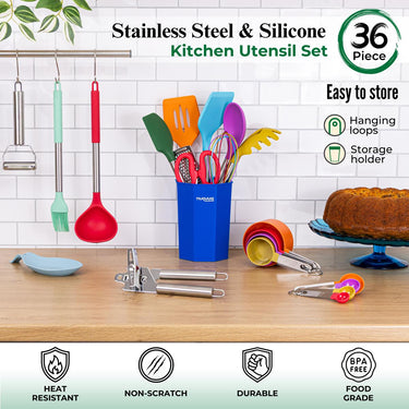 36-Piece Colourful Silicone Kitchen Utensils Set with Stainless Steel Handles, Nuovva