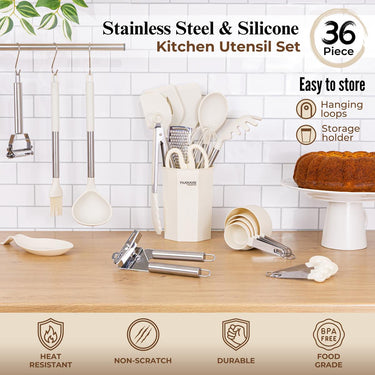 36-Piece Silicone Kitchen Utensils Set with Stainless Steel Handles, Nuovva