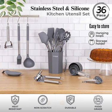 36-Piece Grey Silicone Kitchen Utensils Set with Stainless Steel Handles, Nuovva