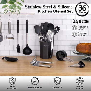 36-Piece Black Silicone Kitchen Utensils Set with Stainless Steel Handles, Nuovva