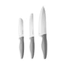 Grey kitchen knife set. knives include: tomato knife, chef knife and paring knife