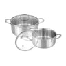 Set of 2 stainless steel casserole pot with glass lids and metal handles. 