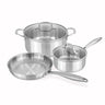 Cookware set of 5, stainless steel stock pot, saucepan and frying pan. 