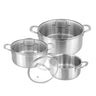 Set of 3 stainless steel casserole pot cookware set with glass lids and metal handles. 