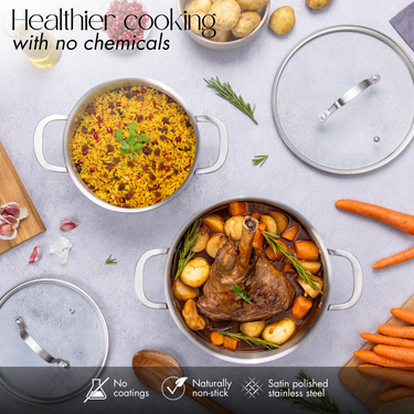 Healthier cooking with stainless steel naturally non-stick casserole pot set with glass lids. 