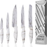 White marble knife set including chef knife and slicing knife. 